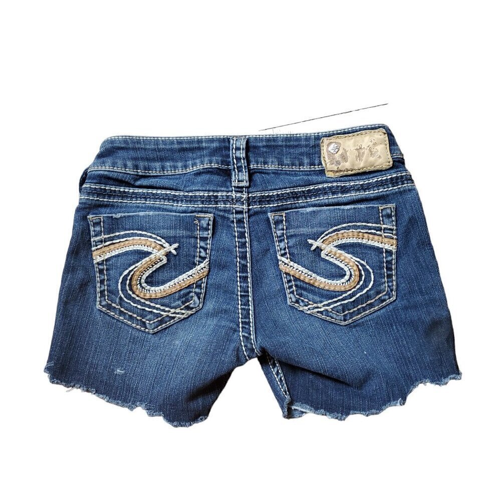 Silver Jeans Tuesday Slim Bootcut Shorts Cut-off Denim Upcycled Embroidered 24